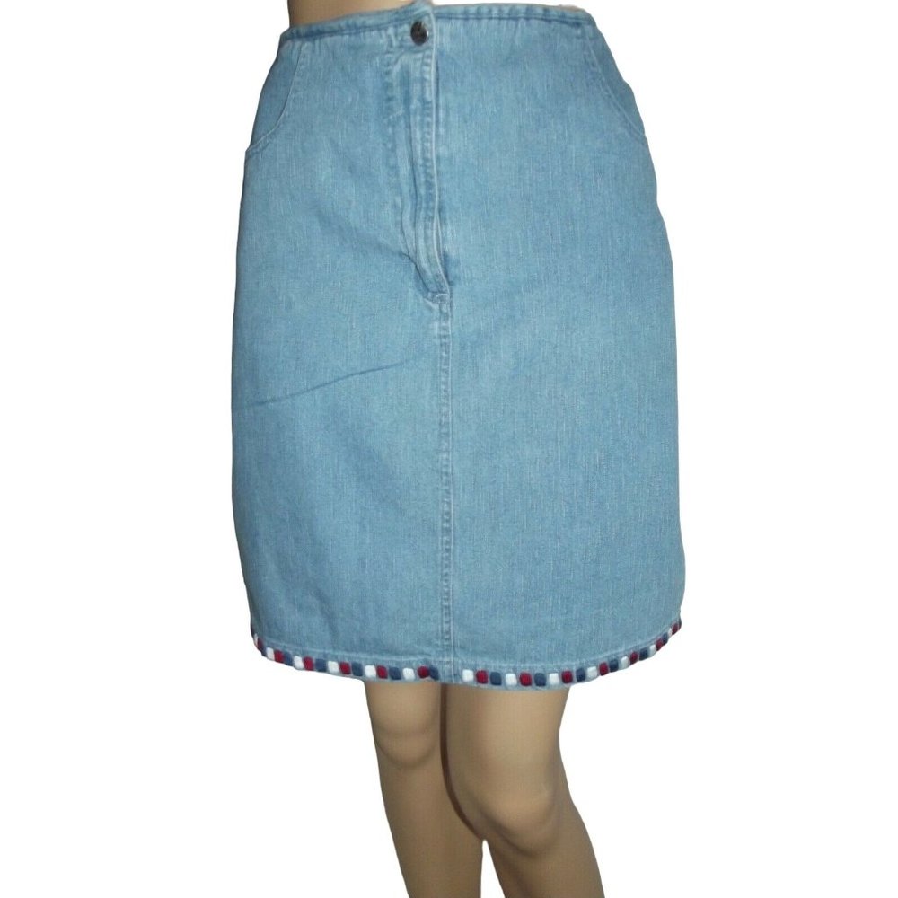 Christopher & Banks Size 10 Blue Denim Straight Jean Skirt w/Red White Blue trim
